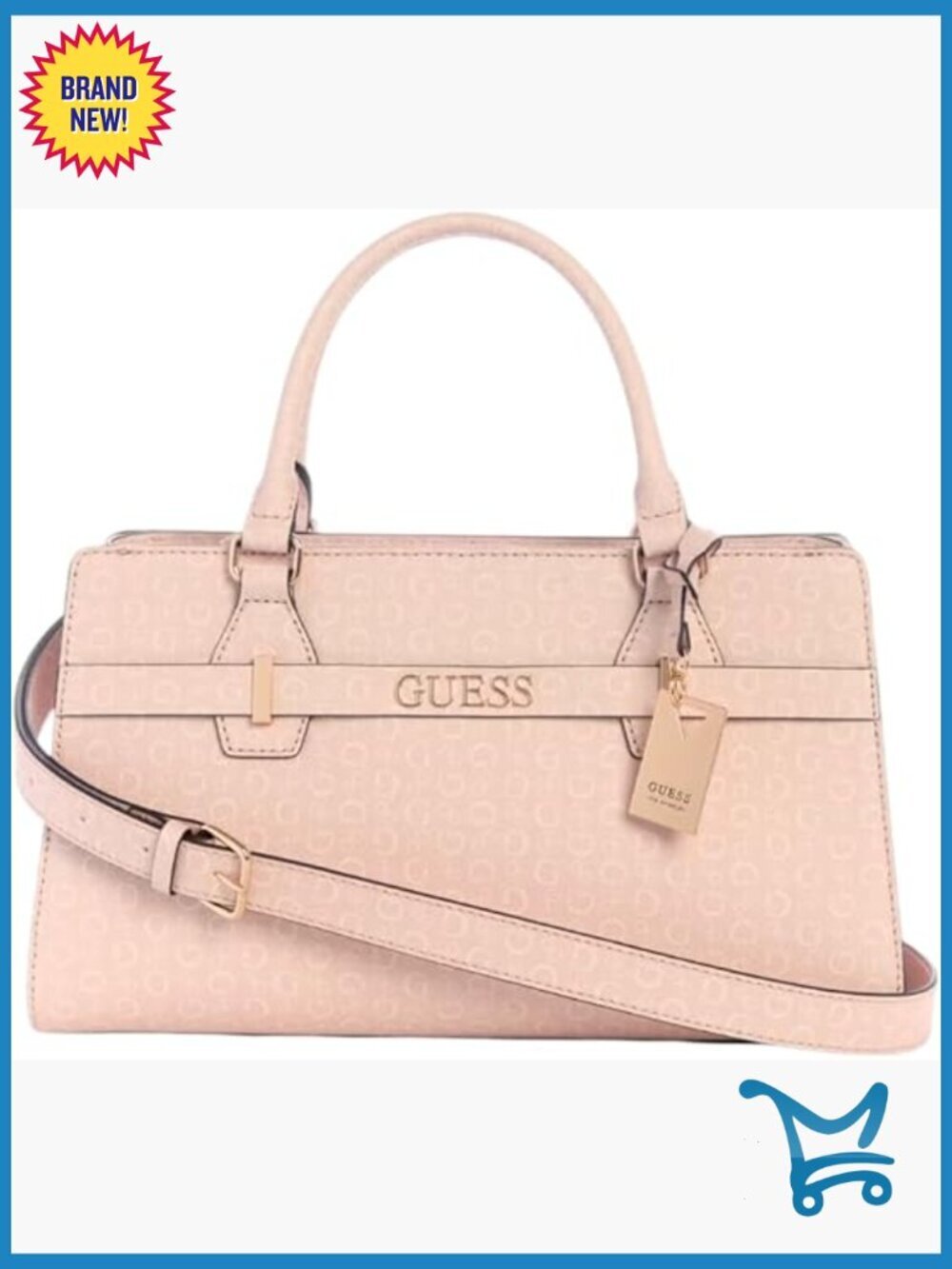 Faux Leather Satchel with Logo Pattern, Adjustable Crossbody Strap
